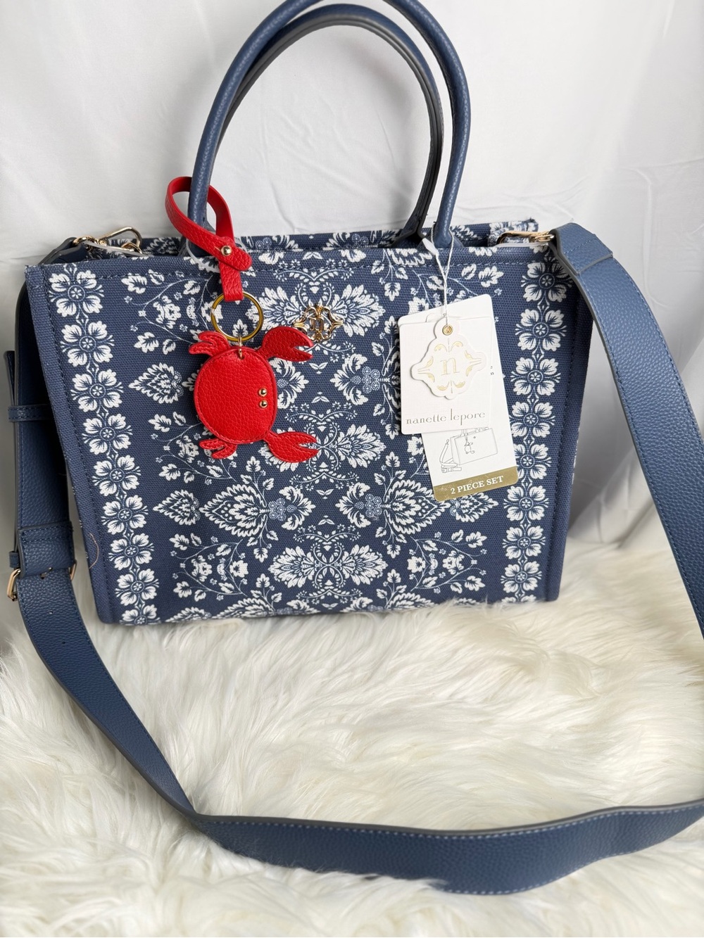 Nanette Lepore Navy Floral Tote Bag – Convertible Satchel with Crab Charm
